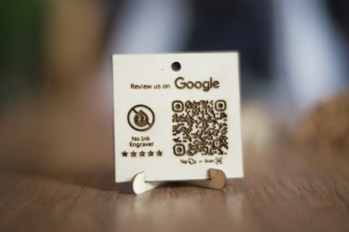 Laser-engraved wood review plaque with Google QR code, by No Ink Engraver