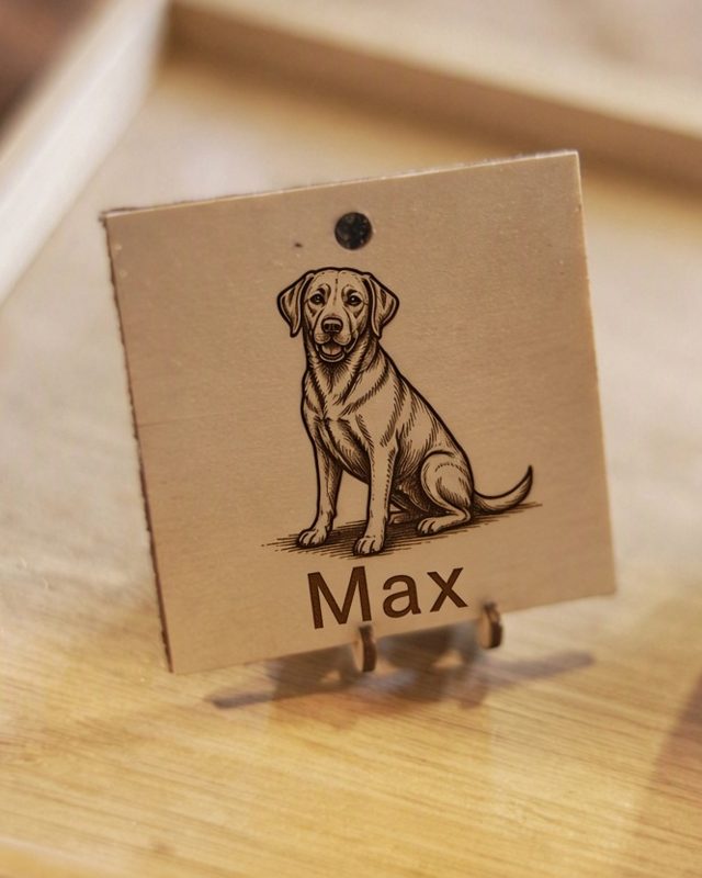 Engraved wood plaque with a Labrador drawing and the name Max